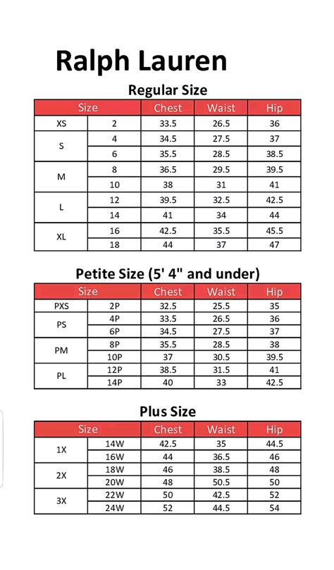 Ralph Lauren Women size chart with sizing guide and conversion.